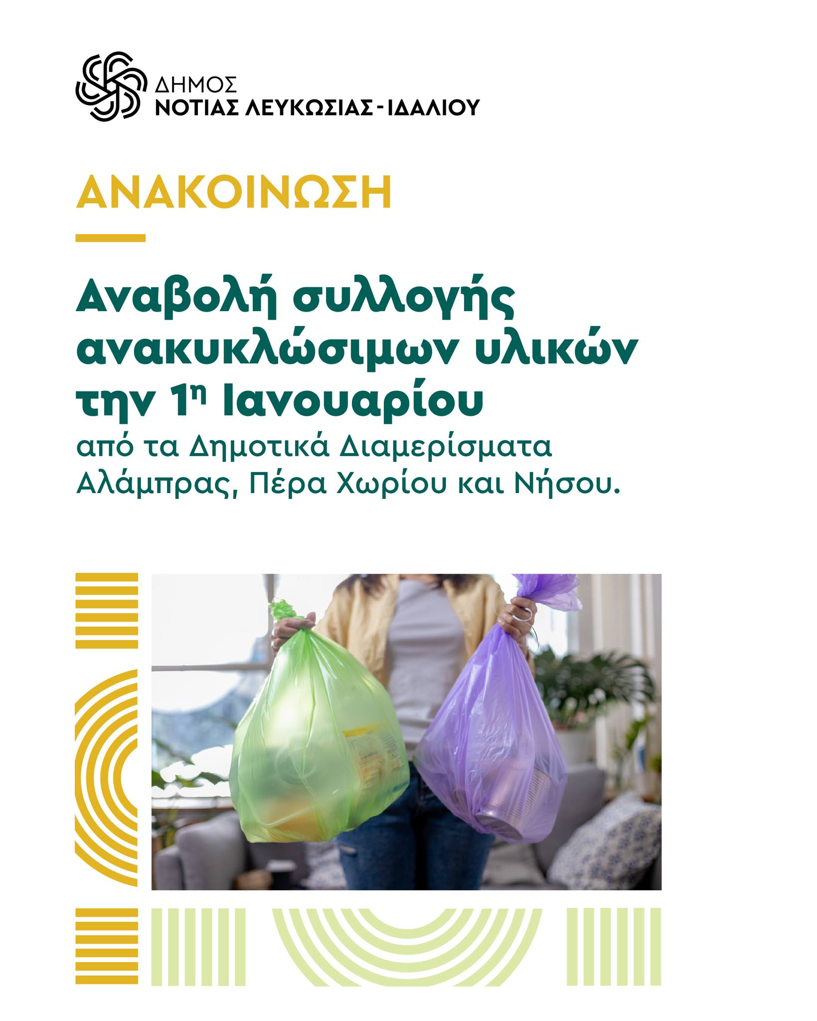 Γραφικό ανακοίνωση με κοπελλα με δύο τσάντες ανακυκλώσιμων υλικών