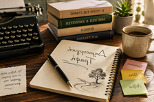 Γραφομηχανή στο τραπέζι, στο οποίο υπάρχουν βιβλία, τετράδιο με πέννα, μια κούπα καφέ και διάφορες σημειώσεις